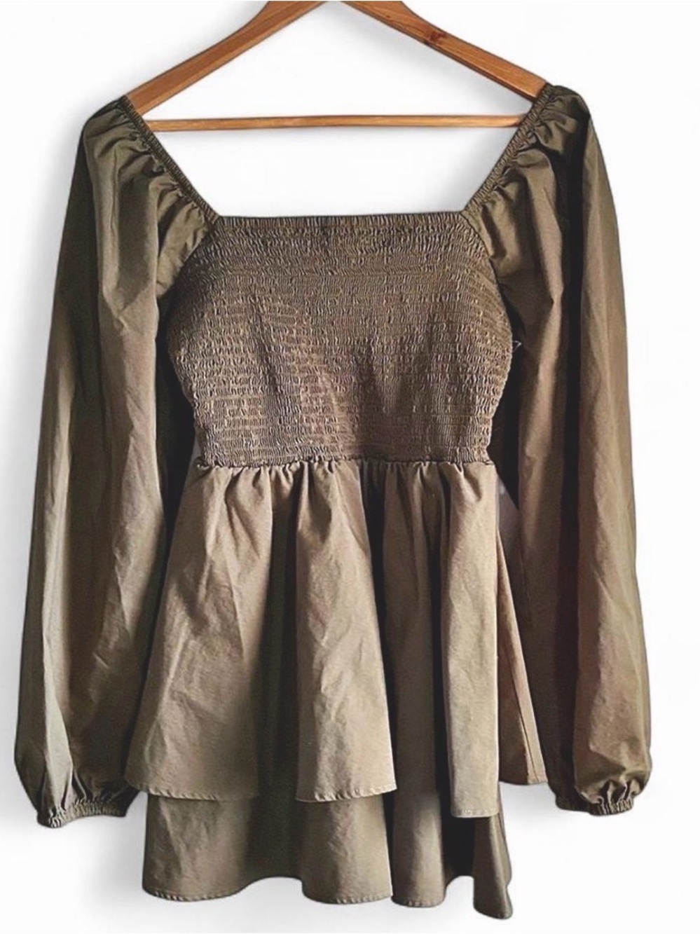 Express Olive Green Smocked Babydoll Dress Puff Sleeve